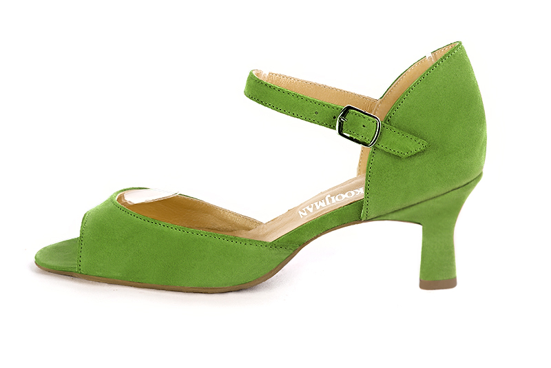 Grass green women's closed back sandals, with an instep strap. Square toe. Medium spool heels. Profile view - Florence KOOIJMAN